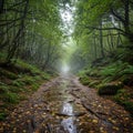 A serene forest path is surrounded by lush greenery, with branches arching overhead Royalty Free Stock Photo