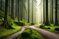 A serene forest path winding through a misty, moss-covered forest, with ancient trees cloaked in emerald green