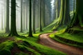 A serene forest path winding through a misty, moss-covered forest, with ancient trees cloaked in emerald green