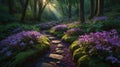 A Peaceful Stone Path through Enchanted Forest with Purple Flowers and Sunlight Royalty Free Stock Photo