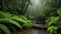 Lush Green Rainforest Trail Leading Up Stone Steps in a Misty Environment Royalty Free Stock Photo