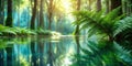 Serene forest pond with lush fern reflection in tranquil waters. Generative AI Royalty Free Stock Photo