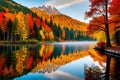 A serene forest pond surrounded by fiery autumn trees, their leaves creating a vibrant reflection in the calm, glassy waters
