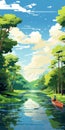 Anime-inspired Landscape Illustration With Boat And Trees Royalty Free Stock Photo