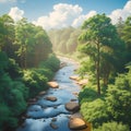 Serene Forest River with Smooth Rocks and Lush Greenery Under Blue Sky stream water Royalty Free Stock Photo