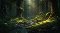 serene forest scene bathed in soft, diffused light. Tall, majestic trees, illustrate by Generative AI