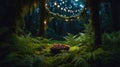 Magical Forest Scene with Dates in a Bowl under Fairy Lights Royalty Free Stock Photo