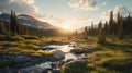 Golden Hour Wilderness Landscape: Rocky Waterfall In Terragen Style