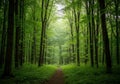 A serene forest scene features a dirt path winding through tall deciduous trees, likely beech Royalty Free Stock Photo