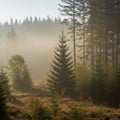 The mist diffuses the sunlight, casting a soft glow across the Royalty Free Stock Photo