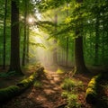 A serene forest scene features a sunlit path through lush greenery Royalty Free Stock Photo