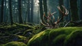 Majestic Red Deer Hiding in Mossy Forest Royalty Free Stock Photo