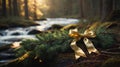 Golden Bow on Pine Branch by Forest Stream Royalty Free Stock Photo