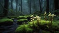 Enchanting Forest Stream with Delicate White Orchids Blooming on Mossy Stones Royalty Free Stock Photo