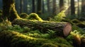 A Fallen Log Covered in Moss, Ferns, and Lit by Sunrays in a Forest. Royalty Free Stock Photo