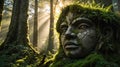 Ancient Stone Face Sculpture Covered in Moss Surrounded by Forest Light Royalty Free Stock Photo