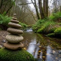 A serene forest scene featuring a stack of smooth, rounded s Royalty Free Stock Photo