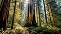 A serene forest scene featuring towering redwood trees with sunlight filtering through dense foliage in a lush landscape. Royalty Free Stock Photo