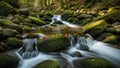 A serene forest scene with a flowing stream surrounded by moss Royalty Free Stock Photo