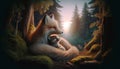 A serene forest scene with a fox and raccoon cuddling together