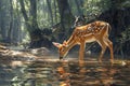 Serene Forest Scene with Graceful Deer Drinking from a Tranquil Stream Amidst Lush Greenery and Sunbeams Royalty Free Stock Photo