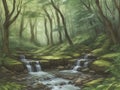 A serene forest scene, lush greenery, dappled sunlight, tranquil stream, nature escape