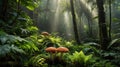 Enchanted Rainforest Mushrooms: Sunlight Dappled Through Lush Green Canopy Royalty Free Stock Photo