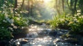 A serene forest scene with a small stream flowing gently over rocks, surrounded by lush greenery and clusters of white flowers, Royalty Free Stock Photo