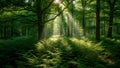 Sunlit forest glade with lush green ferns and tall trees Royalty Free Stock Photo