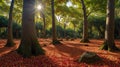 Sunlit Forest Floor Covered in Fallen Red Berries and Mossy Tree Trunks Royalty Free Stock Photo