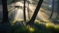 Sunbeams Filtering Through Mist and Trees in a Enchanting Forest Landscape Royalty Free Stock Photo