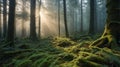 Enchanted Forest: Sunlight Through Mossy Trees Creates a Mystical Atmosphere Royalty Free Stock Photo
