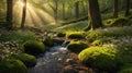 Enchanting Forest Stream Bathed in Sunlight, Mossy Rocks and Wildflowers Along a Crystal-Clear River Royalty Free Stock Photo