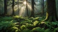 Mystical Forest with Sunlight Streaming Through Trees and Lush Ferns in Peaceful Scenery Royalty Free Stock Photo