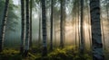 Misty Morning in a Birch Forest with Sunlight Streaming Through the Trees Royalty Free Stock Photo