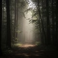 A serene forest scene with tall, slender trees lining a narrow, leaf-covered path. Sunlight Royalty Free Stock Photo