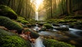 Sunlit forest waterfall with moss-covered rocks and flowing water in motion blur image photo Royalty Free Stock Photo
