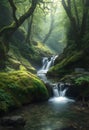 A serene forest setting features a small waterfall Royalty Free Stock Photo