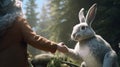 Bunny Rabbit shaking hands with old man in woods