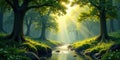 Serene forest stream illuminated by golden sunlight rays filtering through lush canopy. Generative AI Royalty Free Stock Photo