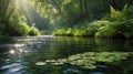 Tranquil River Scene with Lush Ferns and Lily Pads in a Sun Drenched Forest Royalty Free Stock Photo