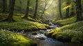 Enchanting Forest Stream with Mossy Rocks and Wildflowers in the Sunlight Royalty Free Stock Photo