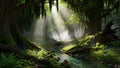Serene Forest Stream With Sunlight Filtering Through Trees Royalty Free Stock Photo