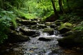 Serene Forest Stream Surrounded by Lush Greenery Royalty Free Stock Photo