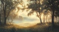 Serene Forest Sunrise with Golden Sunlight and Misty Meadow Royalty Free Stock Photo