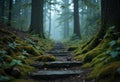 Serene forest trail surrounded by moss-covered trees and lush greenery Royalty Free Stock Photo
