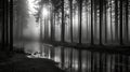 Serene forest trees with reflection in the water at dawn