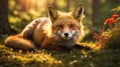 Majestic Red Fox Resting in Golden Sunlight Forest Royalty Free Stock Photo