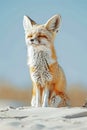 Serene Fennec Fox Sitting on Sand Dune, Basking in Sunlight Royalty Free Stock Photo