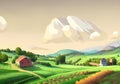 Serene French Countryside: Illustration of Lush Hills, Old Houses, and Cloudy Skies